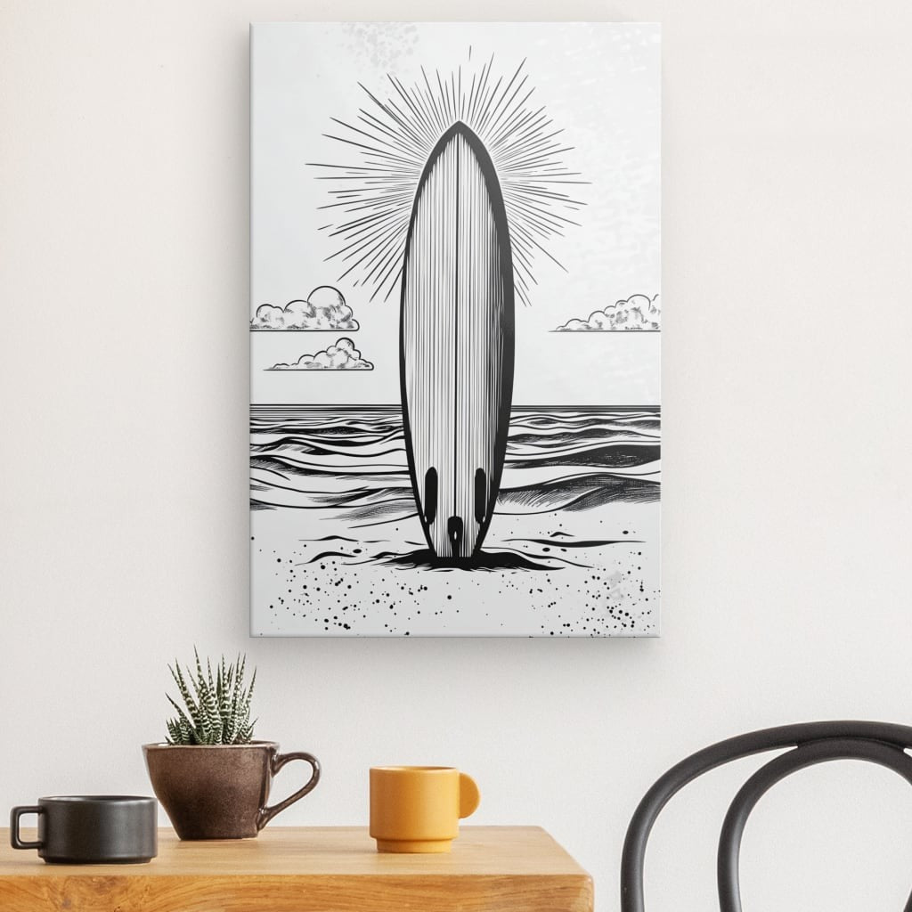 Tableau planche surf plage dessin noir et blanc