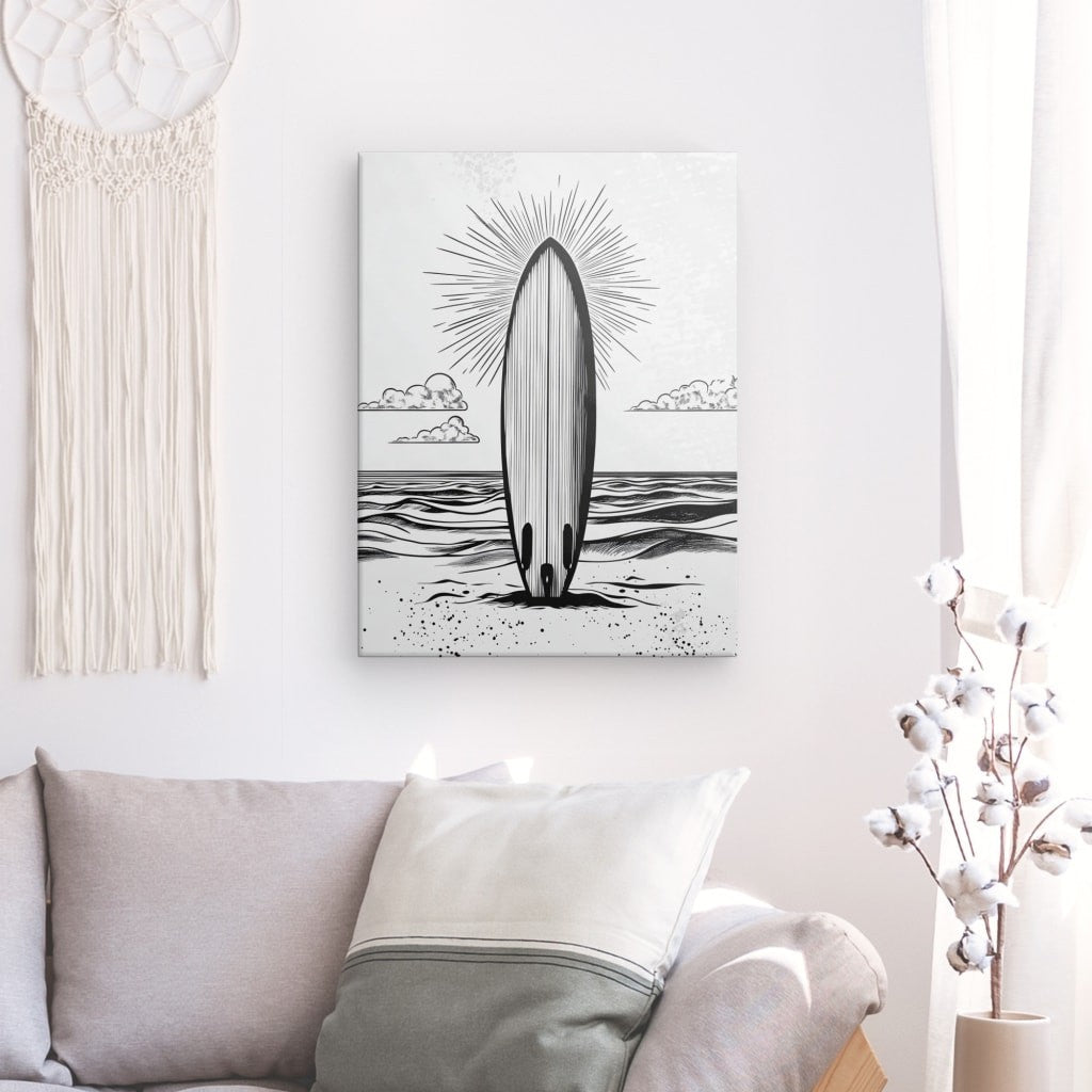 Tableau planche surf plage dessin noir et blanc