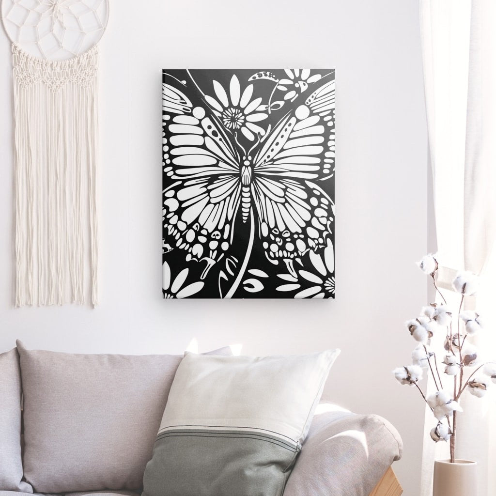 Poster Affiche papillon dessin boho noir et blanc