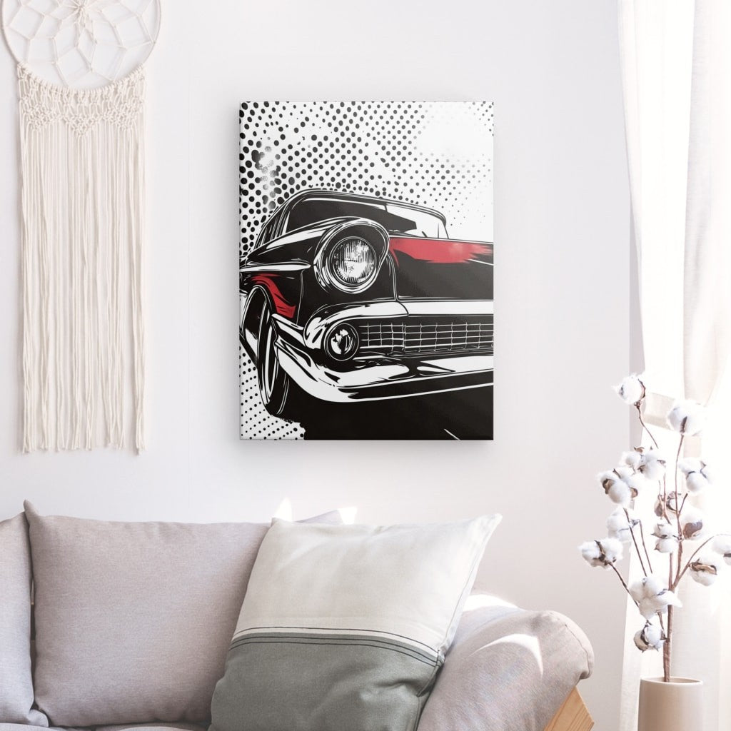 Tableau voiture pop art noir blanc et rouge