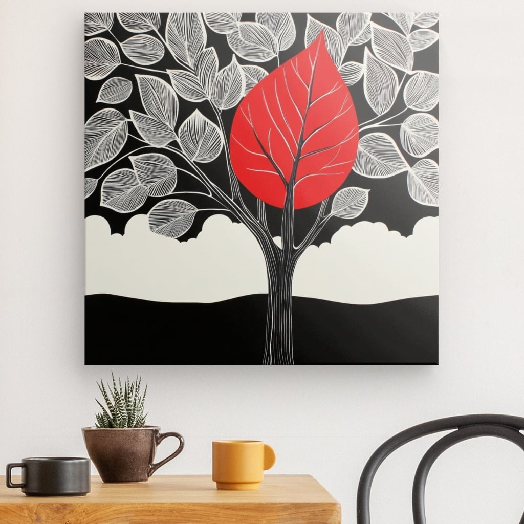 Poster Affiche arbre noir et blanc fleur rouge dessin