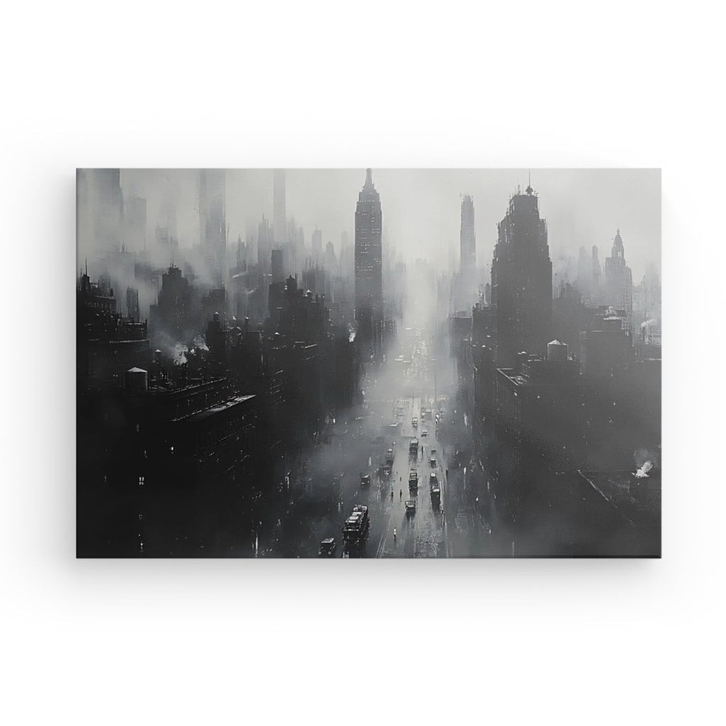Tableau New-York brume peinture monochrome Univers Noir et Blanc