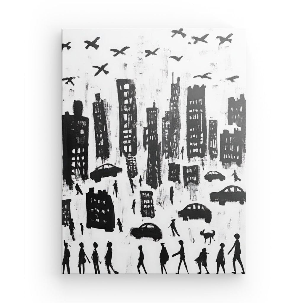 Tableau dessin enfant ville noir et blanc