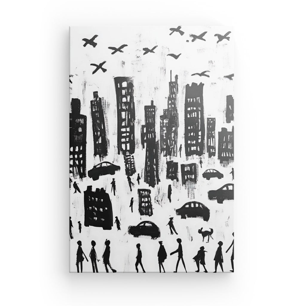 Tableau dessin enfant ville noir et blanc