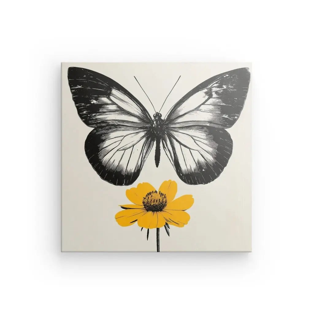 Tableau Papillon Fleur Jaune Design Monochrome Univers Noir et Blanc