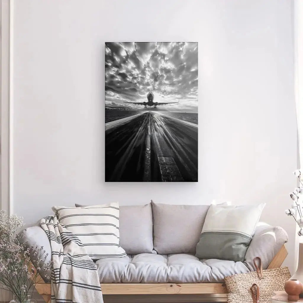 Tableau Avion Décollage Piste Noir et Blanc - Univers Noir et Blanc - #tag1# - #tag2# - #tag3#