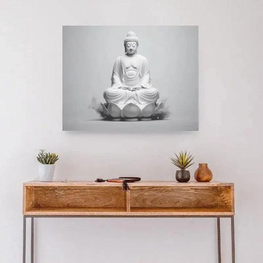 Bouddha stylisé avec fleur de lotus dans un design monochrome gris, mélangeant spiritualité et esthétique moderne pour une déco apaisante.