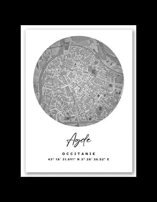 Tableau Carte Ville Agde Noir et Blanc - Univers Noir et Blanc - #tag1# - #tag2# - #tag3#