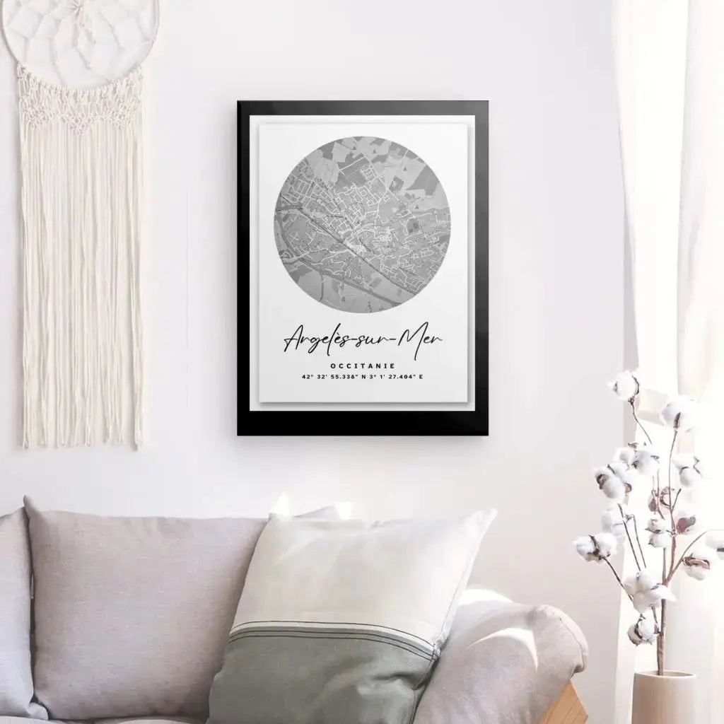 Tableau Carte Ville Argelès sur Mer Noir et Blanc - Univers Noir et Blanc - #tag1# - #tag2# - #tag3#