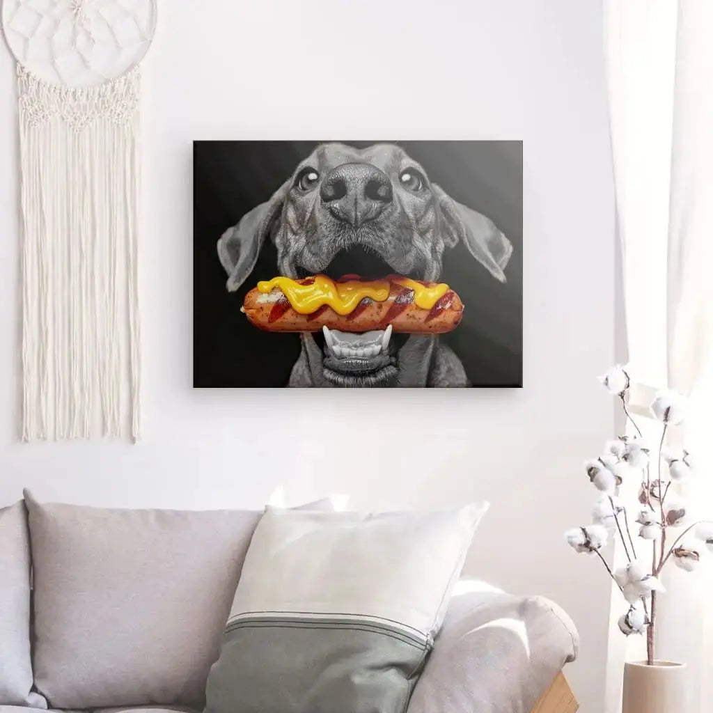 Tableau Chien Monochrome Hot Dog Coloré - Univers Noir et Blanc - #tag1# - #tag2# - #tag3#