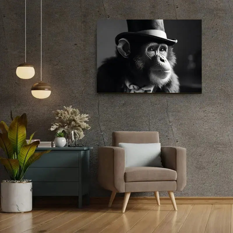 Tableau Chimpanzé Singe Drôle Chapeau Mignon Noir et Blanc - Univers Noir et Blanc - #tag1# - #tag2# - #tag3#