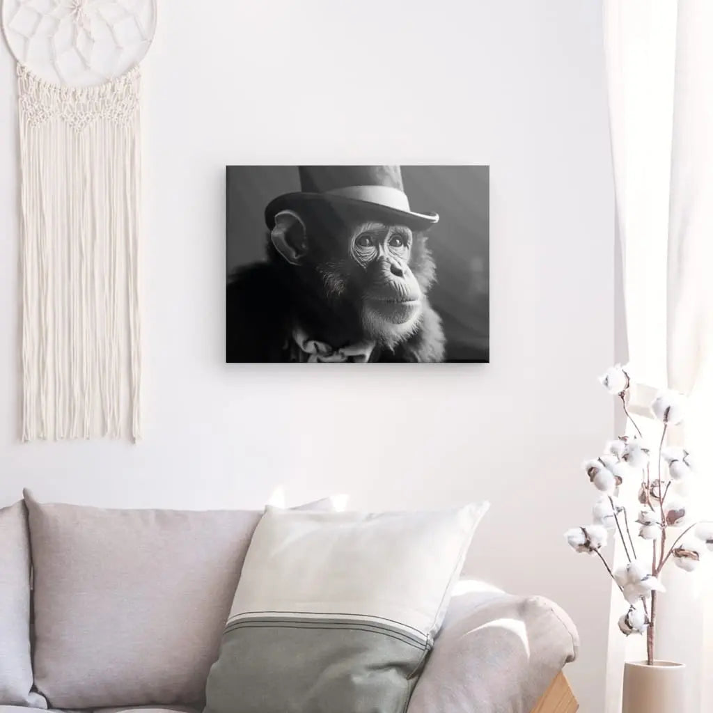 Tableau Chimpanzé Singe Drôle Chapeau Mignon Noir et Blanc - Univers Noir et Blanc - #tag1# - #tag2# - #tag3#