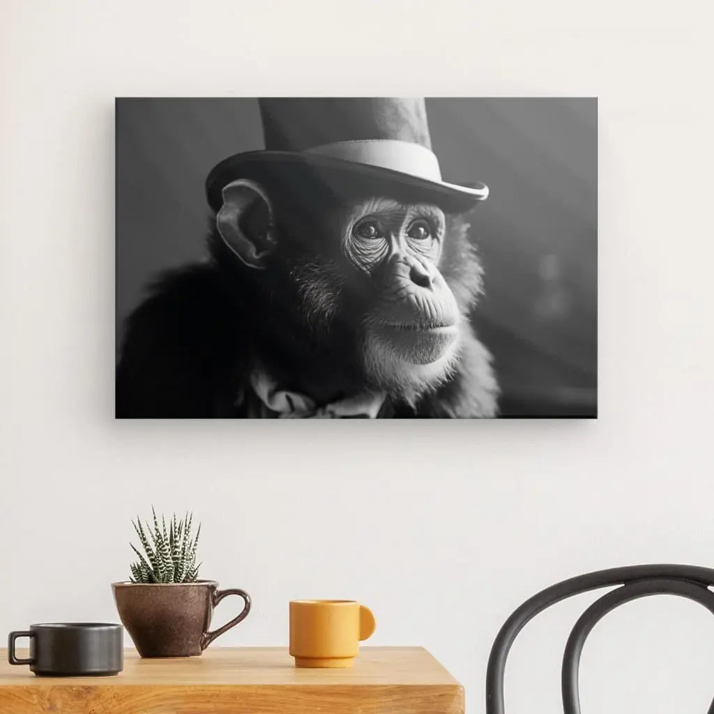 Tableau Chimpanzé Singe Drôle Chapeau Mignon Noir et Blanc - Univers Noir et Blanc - #tag1# - #tag2# - #tag3#