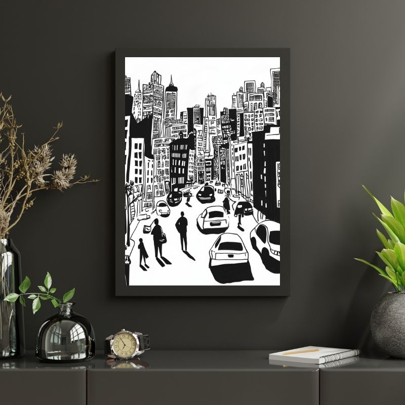 Tableau dessin moderne ville noir et blanc UNB