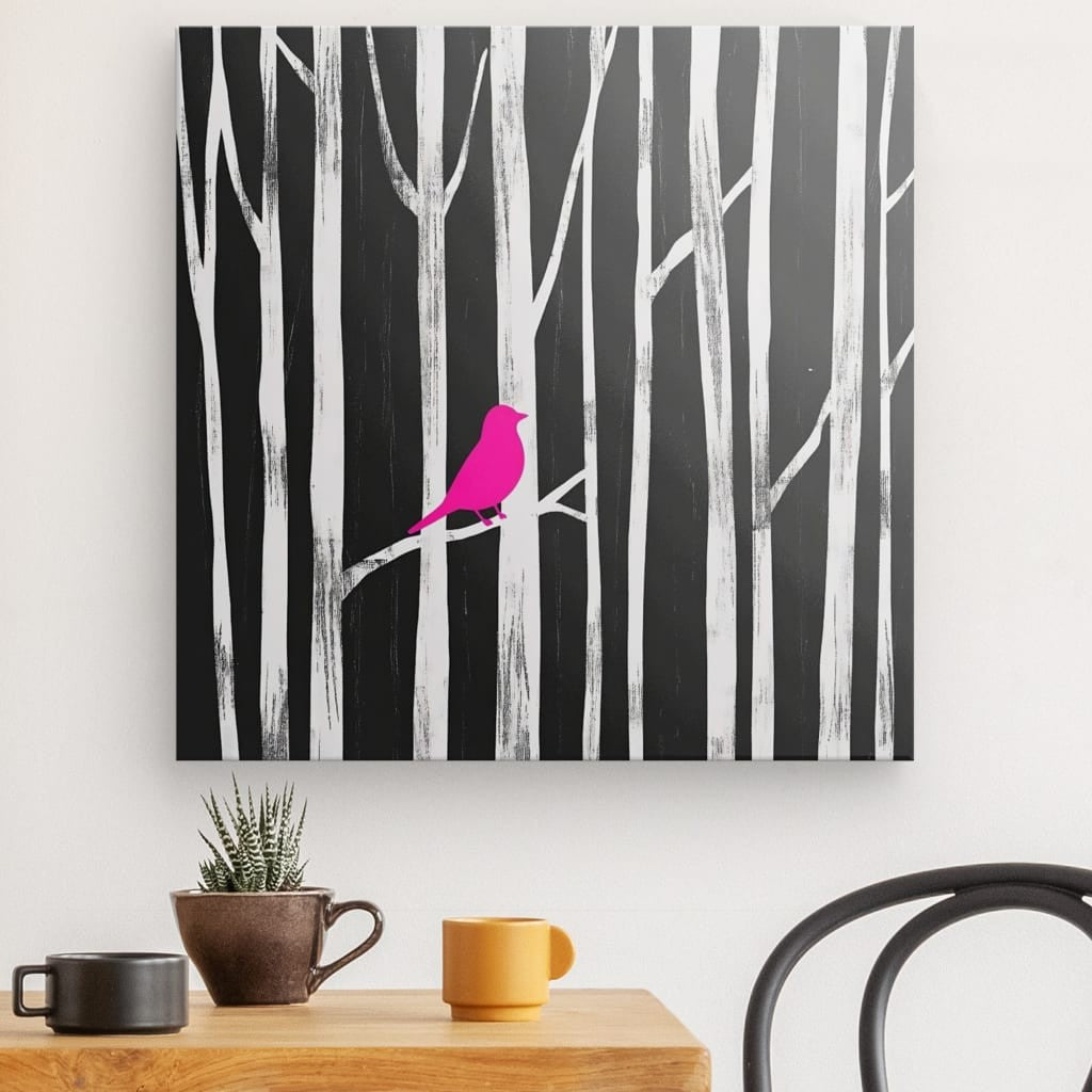 Poster Affiche oiseau rose moderne déco noir et blanc