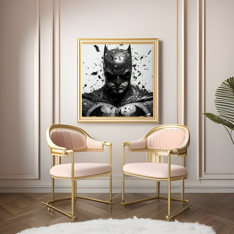 Portrait en noir et blanc de Batman avec une face sombre, tableau intense au style graphique et mystérieux