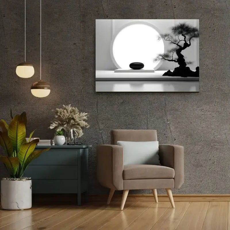 Tableau noir et blanc d’un bonsaï symbolisant la relaxation et le zen, composition apaisante et minimaliste