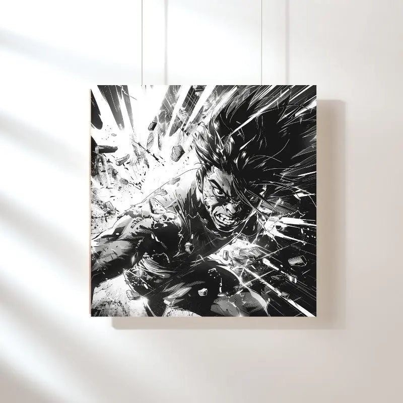 Tableau noir et blanc représentant un combat de manga en dessin, style dynamique et graphique