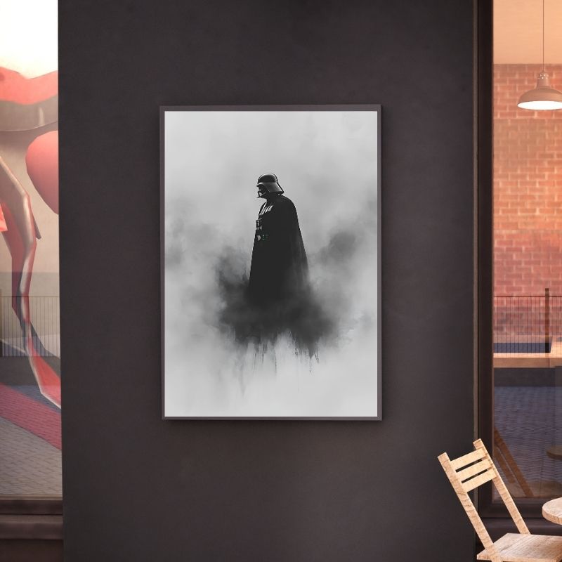 Tableau en noir et blanc de Dark Vador, personnage emblématique de Star Wars, au style sombre et cinématographique