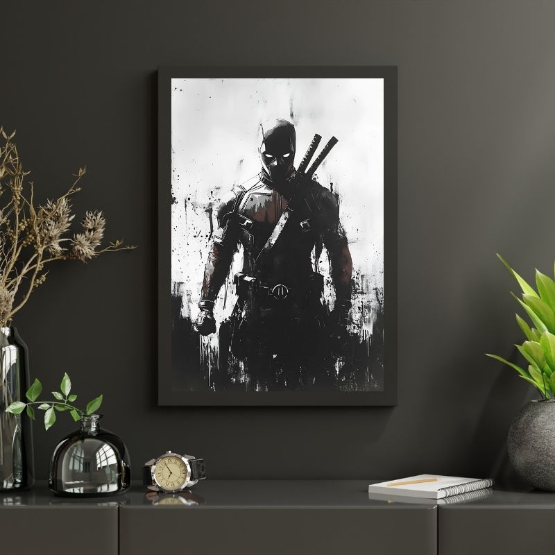 Tableau en noir et blanc de Deadpool, illustration inspirée des comics au style dynamique et contrasté