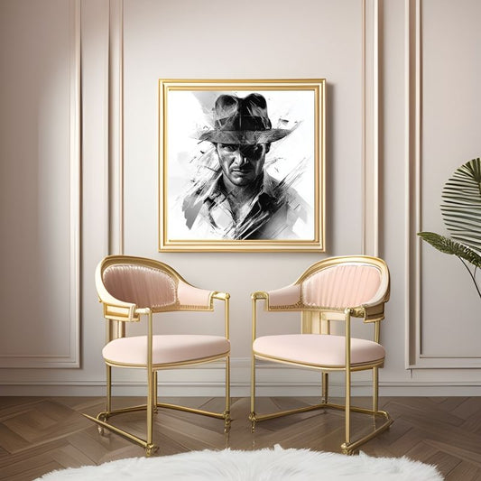 Portrait en noir et blanc d’Indiana Jones en dessin, tableau au style cinématographique et vintage