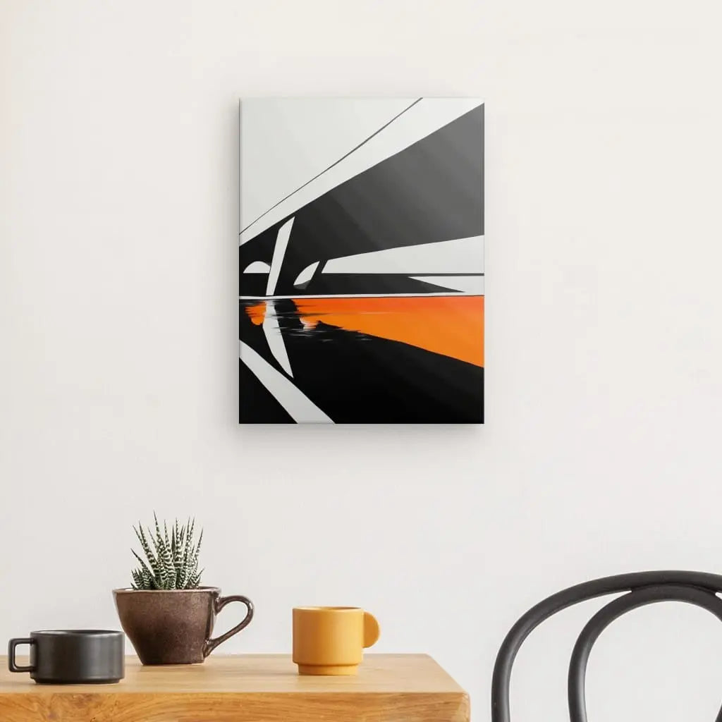 Dessin d’un pont en noir, blanc et orange, tableau au style graphique et contrasté pour décoration murale moderne