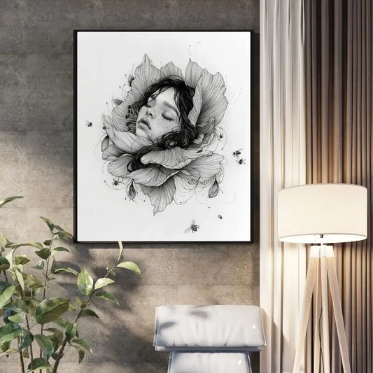 Dessin en noir et blanc d’un visage avec fleur et abeilles, tableau poétique et original pour décoration murale