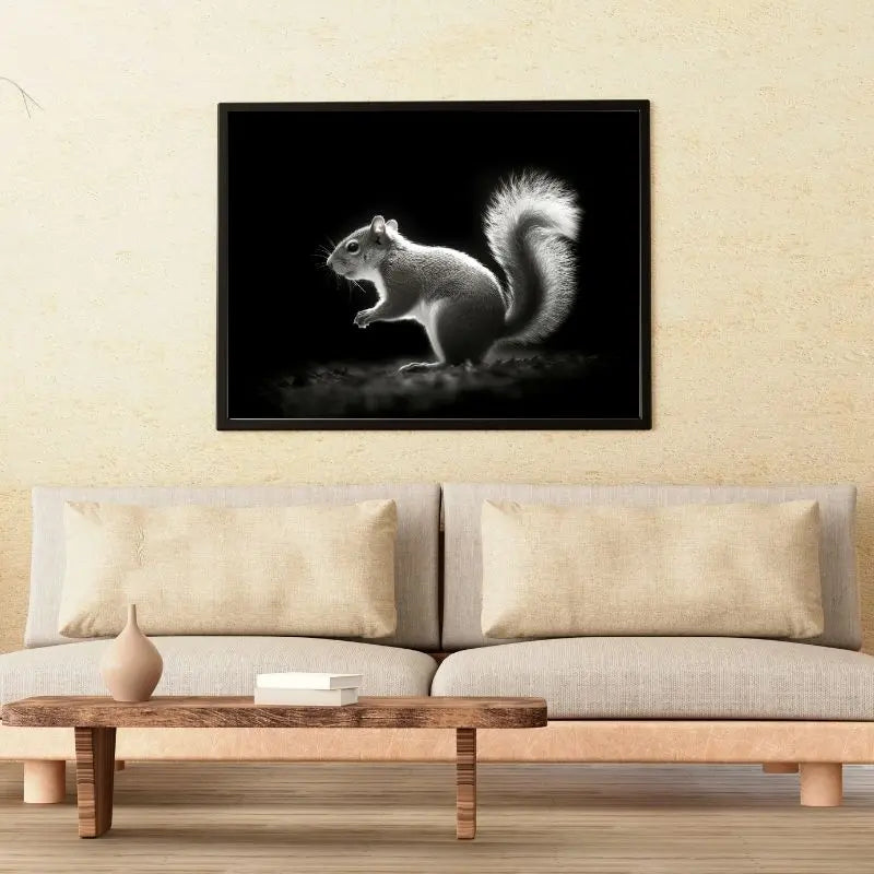 Tableau noir et blanc du portrait d’un écureuil, représentation animale délicate et expressive