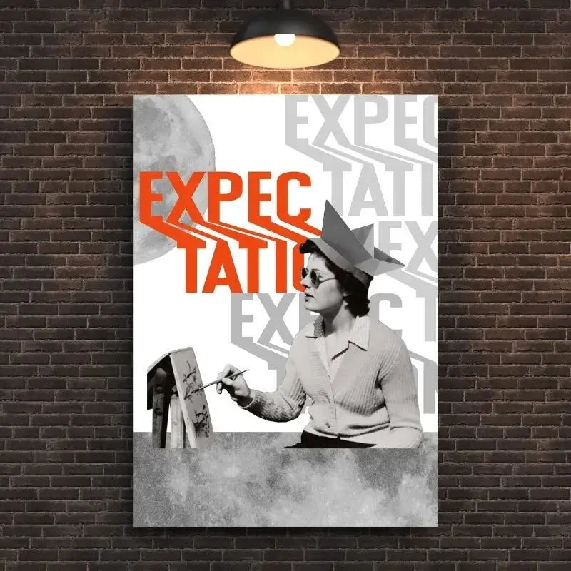 Tableau en noir et blanc avec le mot "Expectation" et une touche de couleur, style contrasté et moderne