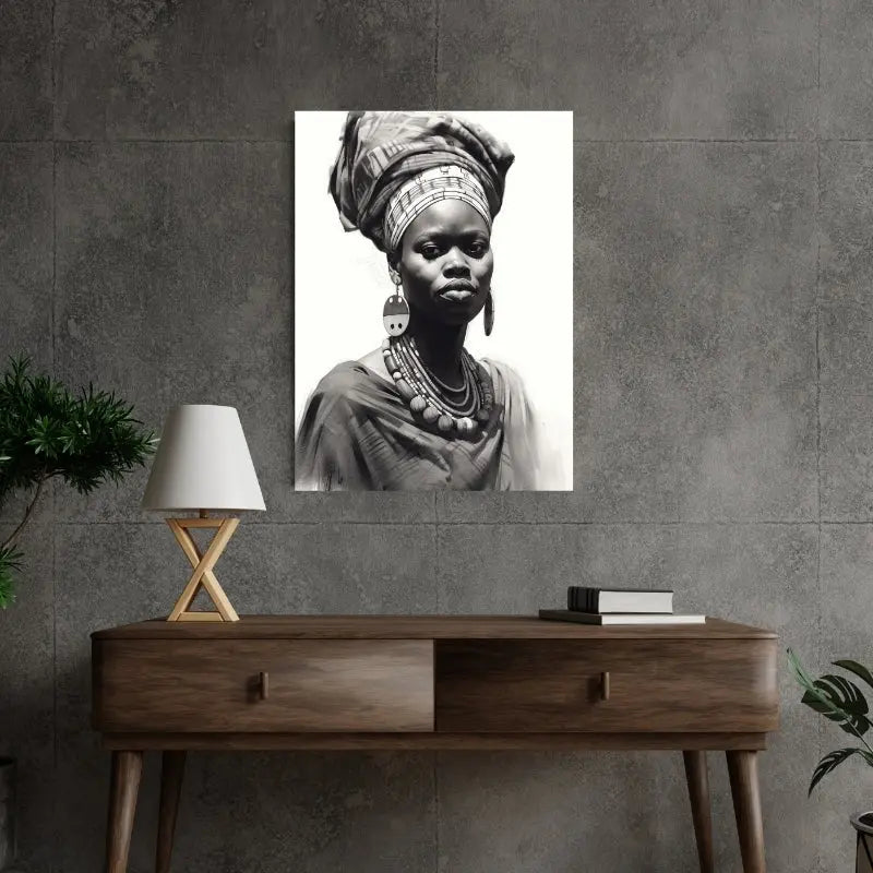 Portrait en noir et blanc d’une femme africaine, mettant en valeur la beauté ethnique, la culture et la force du regard dans un style artistique.