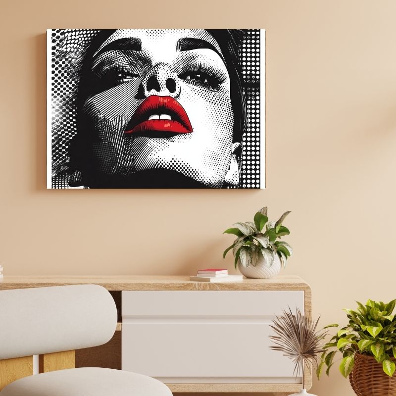 Portrait pop art d’une femme avec rouge à lèvres, tableau design au style graphique et coloré pour décoration murale moderne