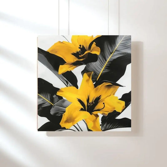 Tableau noir et blanc avec des fleurs jaunes en design moderne, contraste lumineux et élégant
