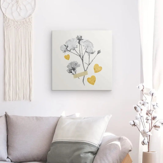 Tableau monochrome de fleurs séchées avec cœurs jaunes, œuvre délicate et originale pour décoration murale