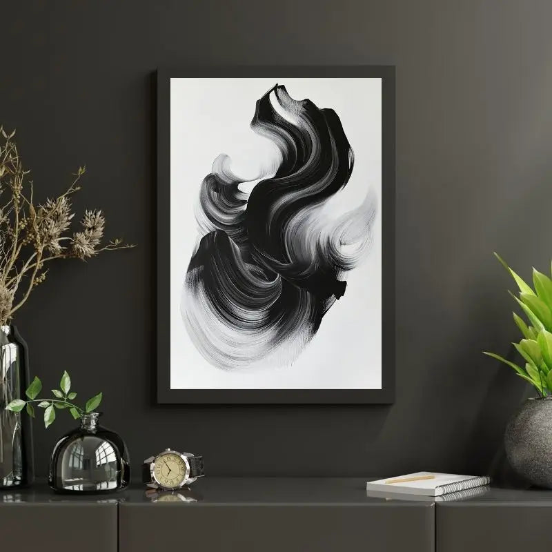 Tableau en noir et blanc représentant une forme abstraite, œuvre moderne au style minimaliste pour décoration murale contemporaine