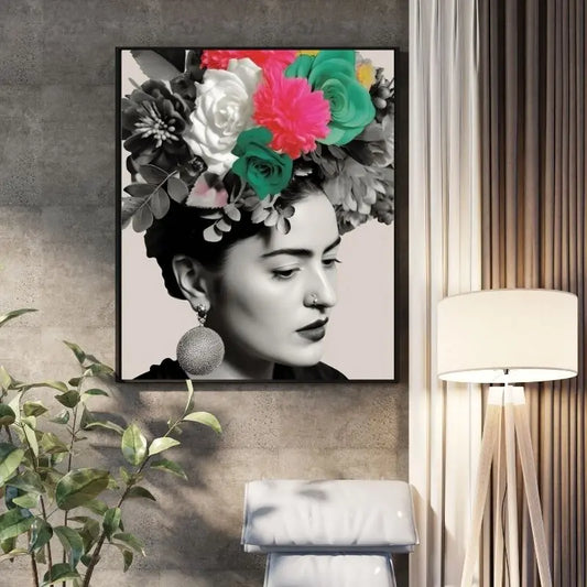 Tableau noir et blanc de Frida Kahlo avec une touche de couleur, portrait artistique et vibrant