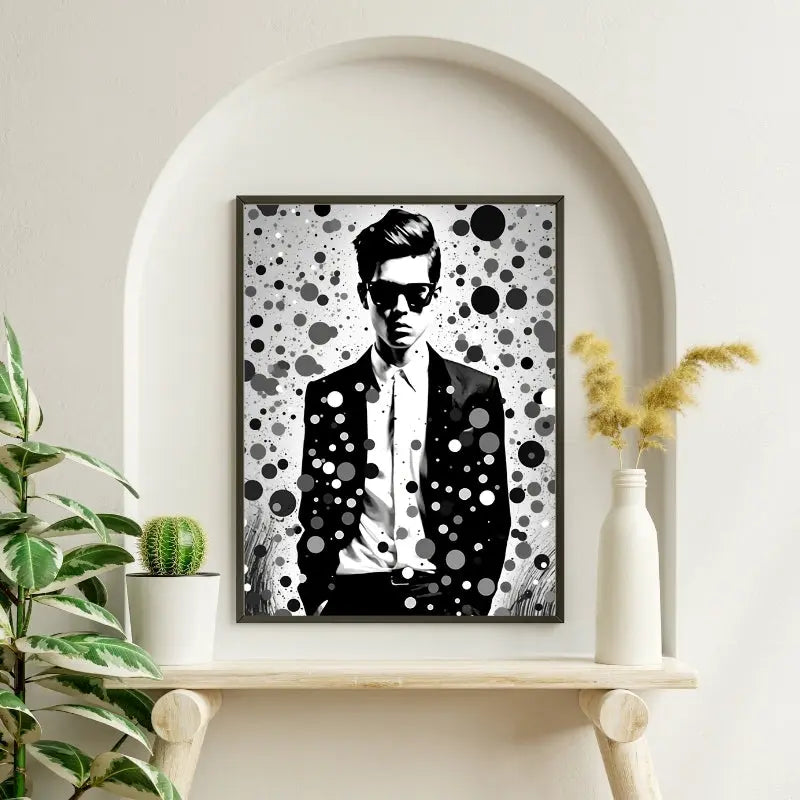 Tableau noir et blanc représentant un gentleman dans un style pop art, design élégant et graphique