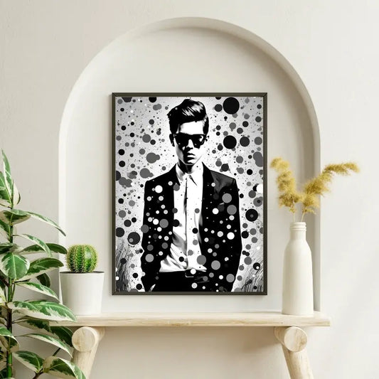 Tableau noir et blanc représentant un gentleman dans un style pop art, design élégant et graphique