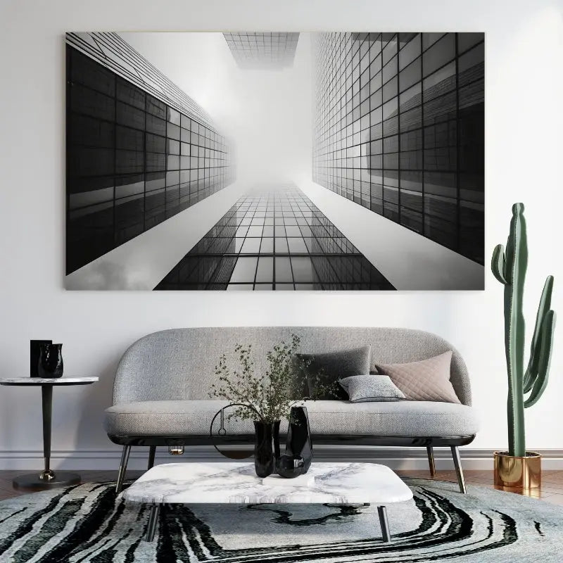 Tableau en noir et blanc de gratte-ciel dans une métropole, scène urbaine moderne et imposante pour décoration murale