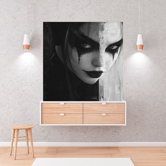 Portrait artistique de Harley Quinn en noir et blanc, tableau moderne au style graphique et contrasté