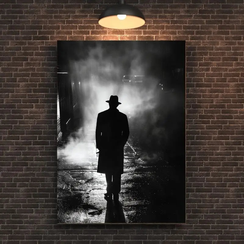 Tableau noir et blanc d’un homme en ombre dans une ruelle sombre, ambiance de suspense et de mystère