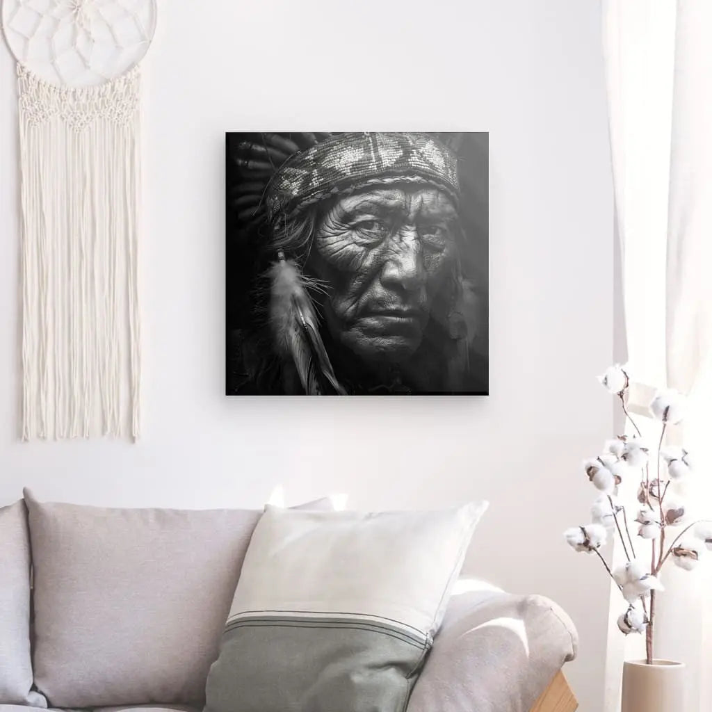 Tableau noir et blanc d’un Indien d’Amérique portant une coiffe à plumes, image culturelle forte et traditionnelle