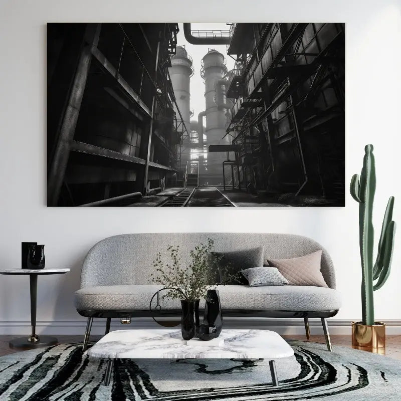 Tableau noir et blanc d’une usine au style industriel vintage, ambiance rétro et architecturale