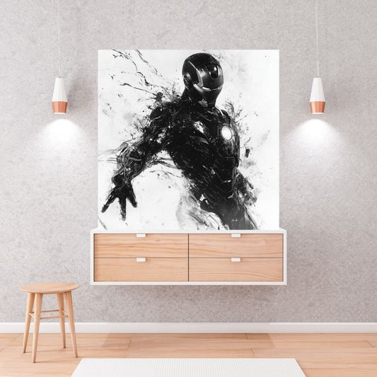 Peinture moderne en noir et blanc d’Iron Man, tableau stylisé au design graphique pour déco murale de super-héros