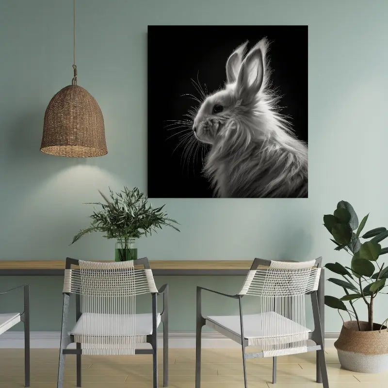 Portrait en noir et blanc d’un lapin lion angora au pelage dense et soyeux, mêlant douceur, originalité et charme irrésistible.