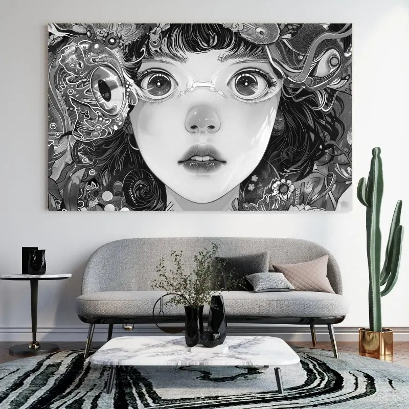 Portrait manga en noir et blanc d’une fille avec lunettes et fleurs, tableau stylisé et original pour décoration murale moderne