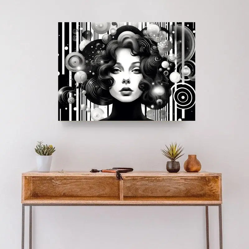 Tableau moderne en noir et blanc d’une femme dans un style pop art, œuvre graphique et audacieuse pour décoration murale contemporaine
