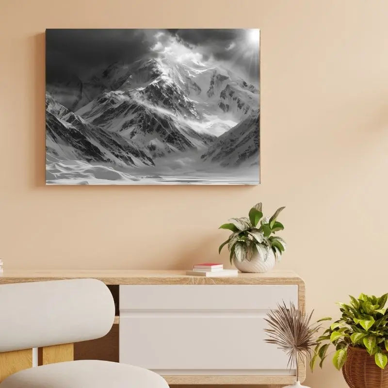 Tableau en noir et blanc d’un paysage de montagne enneigée en hiver, scène majestueuse et apaisante pour décoration murale