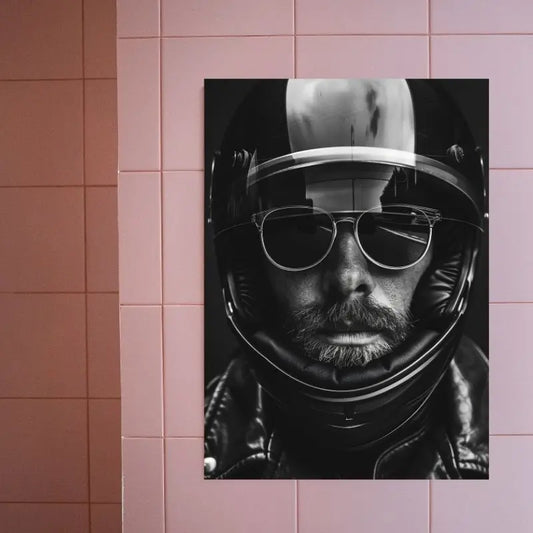 Tableau noir et blanc d’un motard moderne, style urbain et affirmé