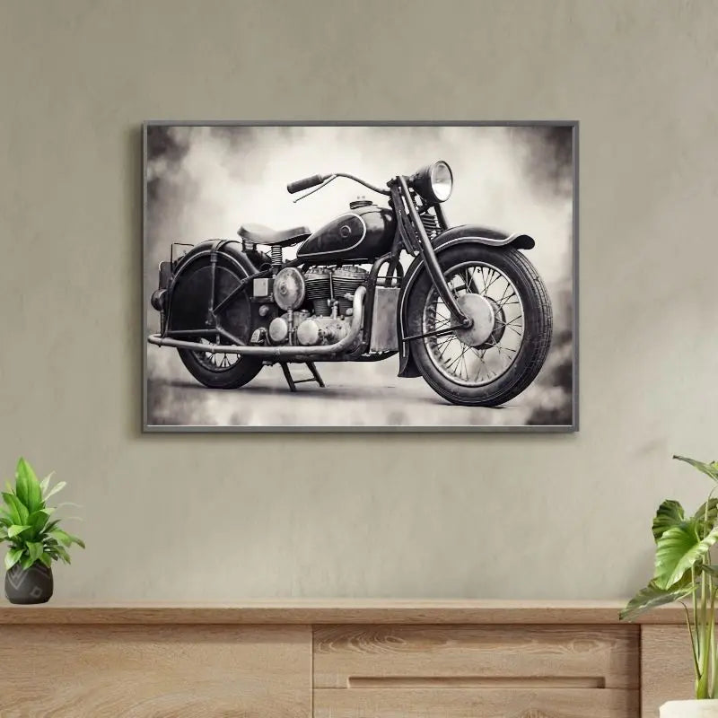 Moto vintage de style Harley en noir et blanc, mettant en valeur son moteur rétro et son design iconique dans une ambiance authentique et brute.