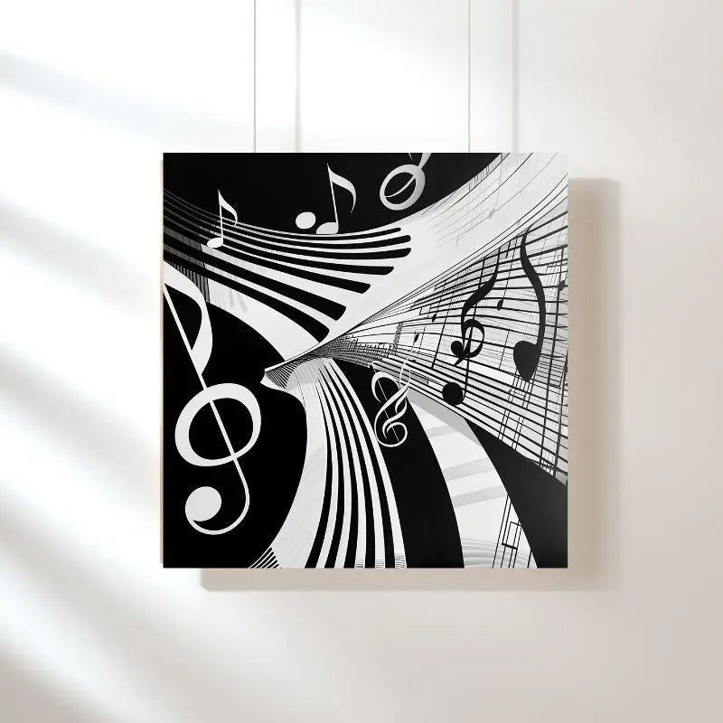 Tableau en noir et blanc avec des notes de musique, œuvre élégante et rythmée pour décoration murale moderne
